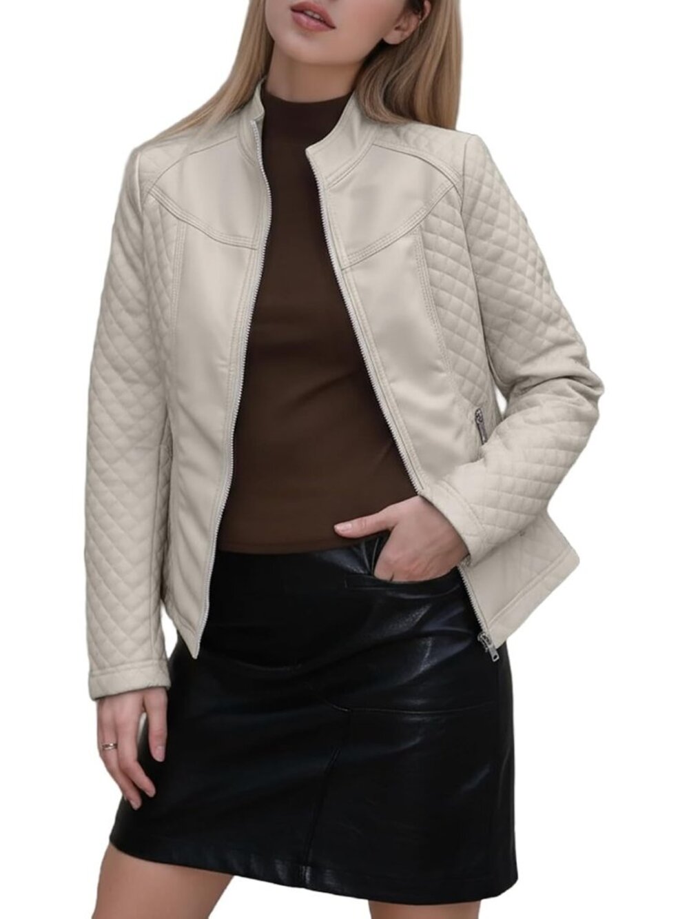 Women's Beige Casual Jacket Faux Leather Stand Collar Lightweight Bomber Jackets